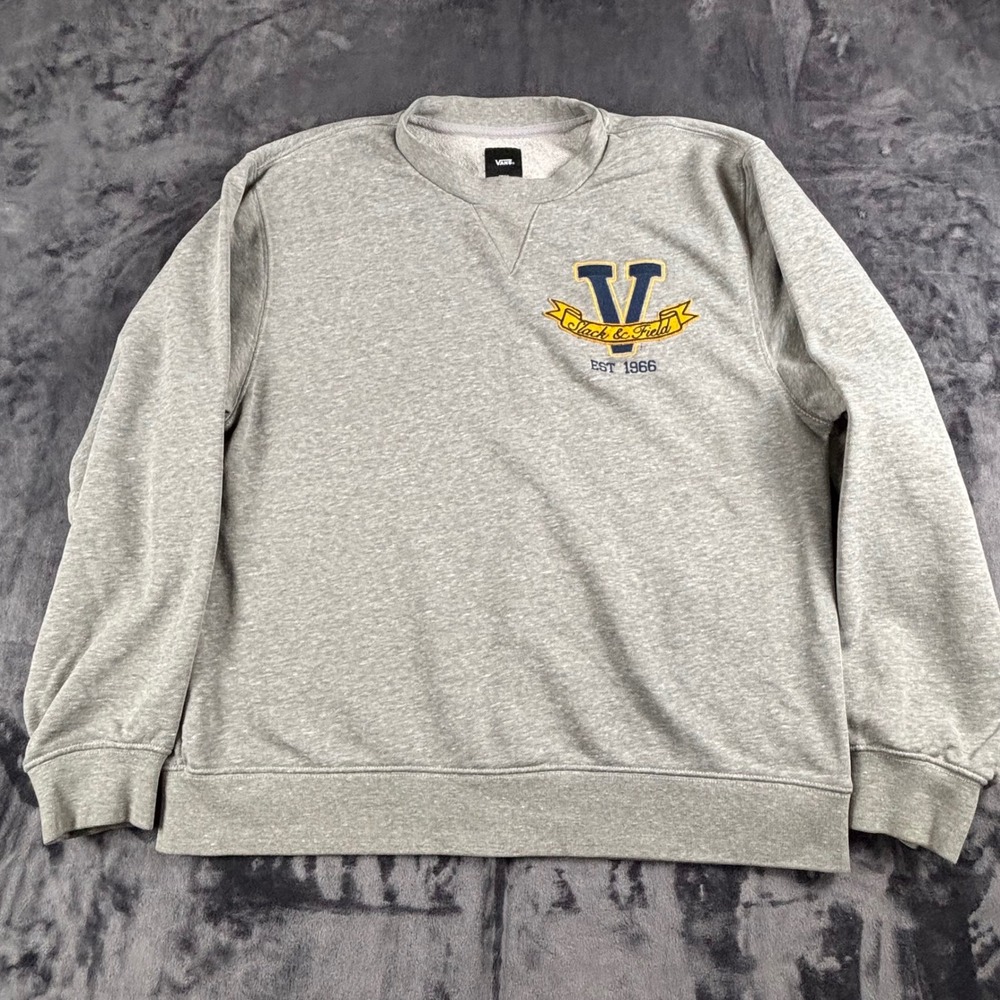 Vans Sweatshirt Mens Small Gray Track & Field Embroidered Crewneck Pullover